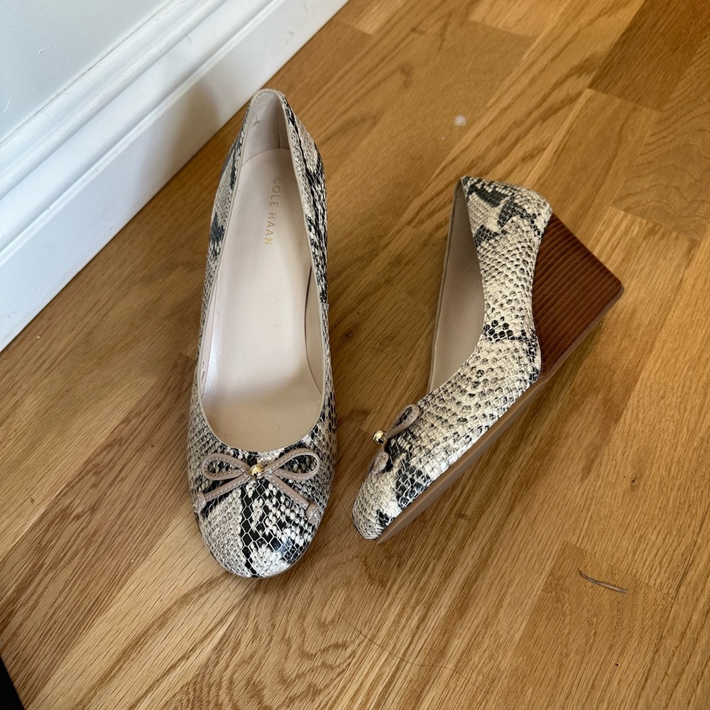Cole Haan Snake-Print Cream and Black Wedges